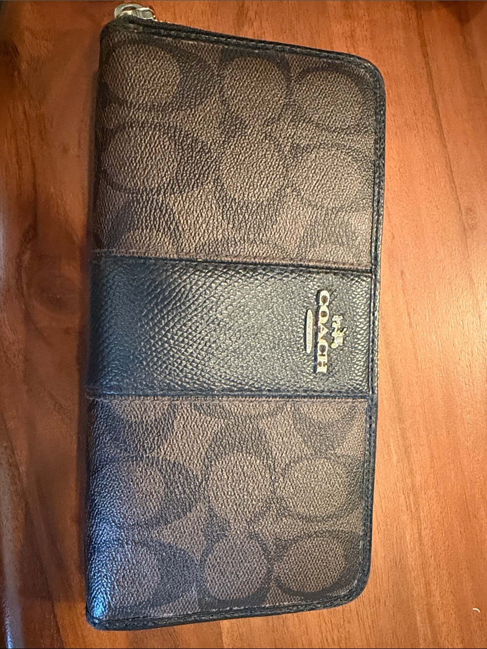 Coach Brown and Black Signature Zip Wallet with Gold Logo